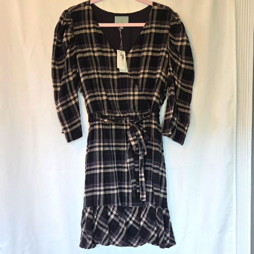 Skies Are Blue Black/Blue and Cream Plaid Puffed 3/4 Sleeve Dress In XL